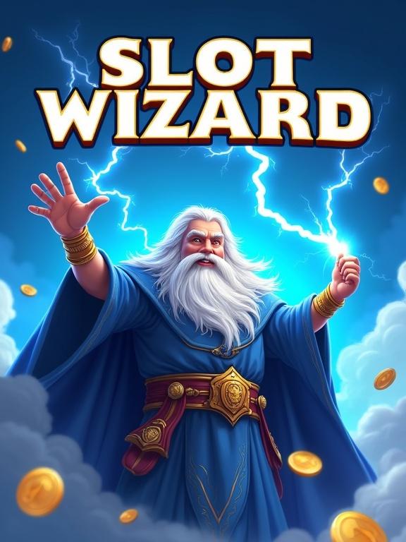 Design promotional banner for online slot game. Background features mythical god with flowing white hair and blue robe. God in action pose holding lightning bolt. Title in bold letters saying 'SLOT WIZARD'. Use vibrant blue background with swirling clouds and floating coins. Create sense of adventure and excitement.