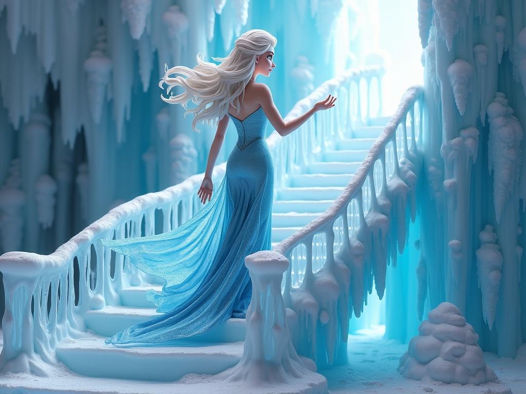 Resin statue inspired by Elsa from Frozen. Elsa is creating an ice staircase with her magic. She wears an ice-blue dress with a high slit. Her hair flows with the wind. She casts a snowflake spell. The staircase is made of clear resin.