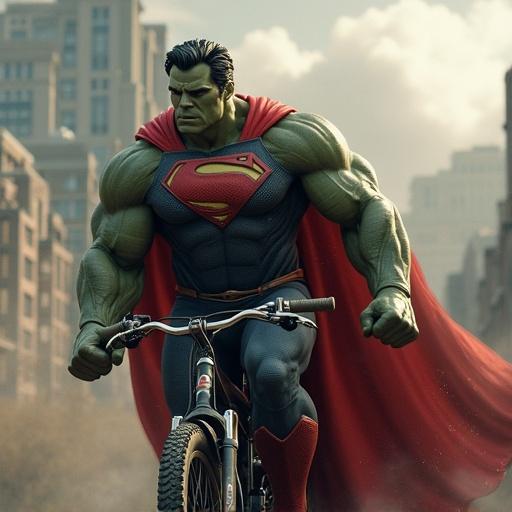Superman character with Hulk like features rides a bicycle. The scene includes an urban background with modern buildings.