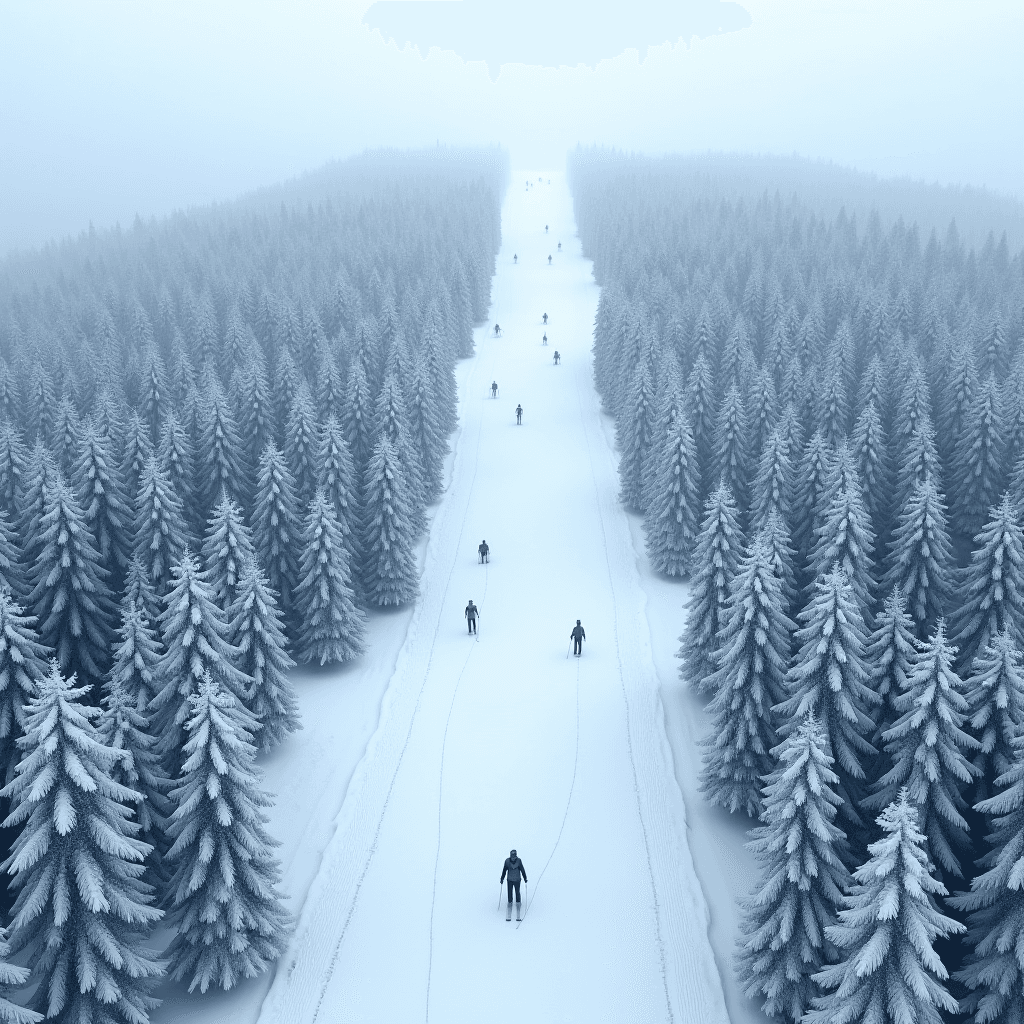 Skiers glide down a snow-covered path through a dense forest of frosted trees.