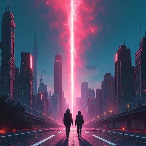 Stylized art of a dystopian city night scene with a V-shaped skyline. Futuristic figures with cyberpunk gear crossing the street. A meteor descends from above with a radiant energy beam.