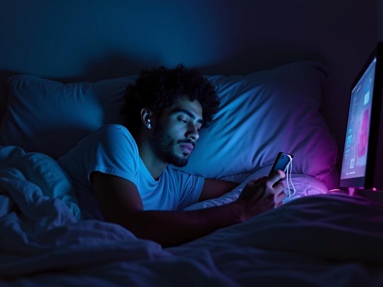 A 24-year-old man lying on a messy bed in a dark room. He holds a phone with earphones. Neon lights illuminate the scene from a computer screen. The lighting creates soft shadows, emphasizing the modern bedroom setting.