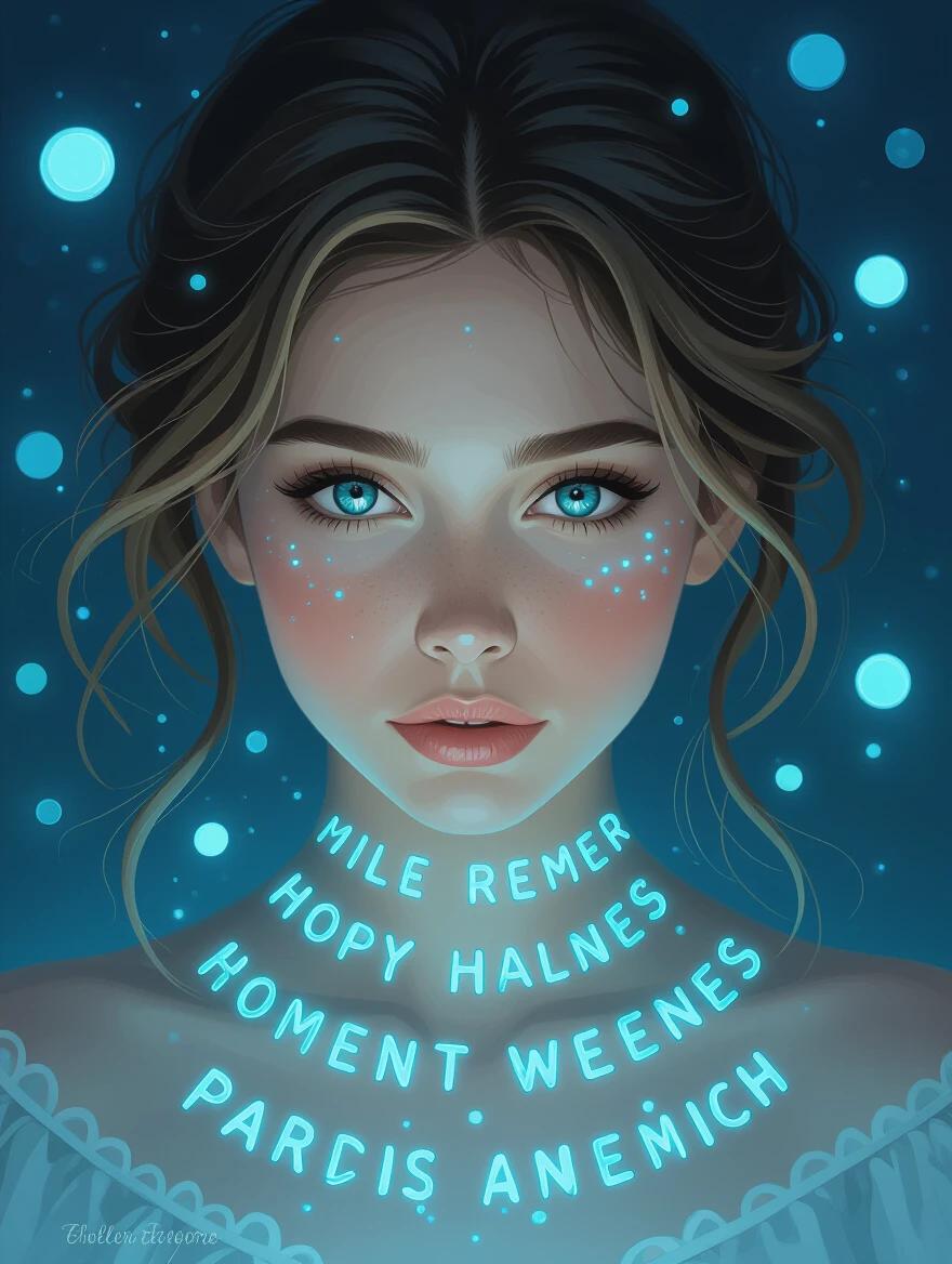Digital artwork of a young woman with fair skin and striking blue-green eyes. Wavy brown hair is slightly messy. She gazes directly with a neutral expression. Surrounded by glowing, translucent blue text on her skin. Bright blue light creates a magical effect. Dark blurred background with circular light patterns. Composition uses leading lines. Rule of thirds applied. Highly detailed and realistic style with fantasy elements introduced by glowing text.