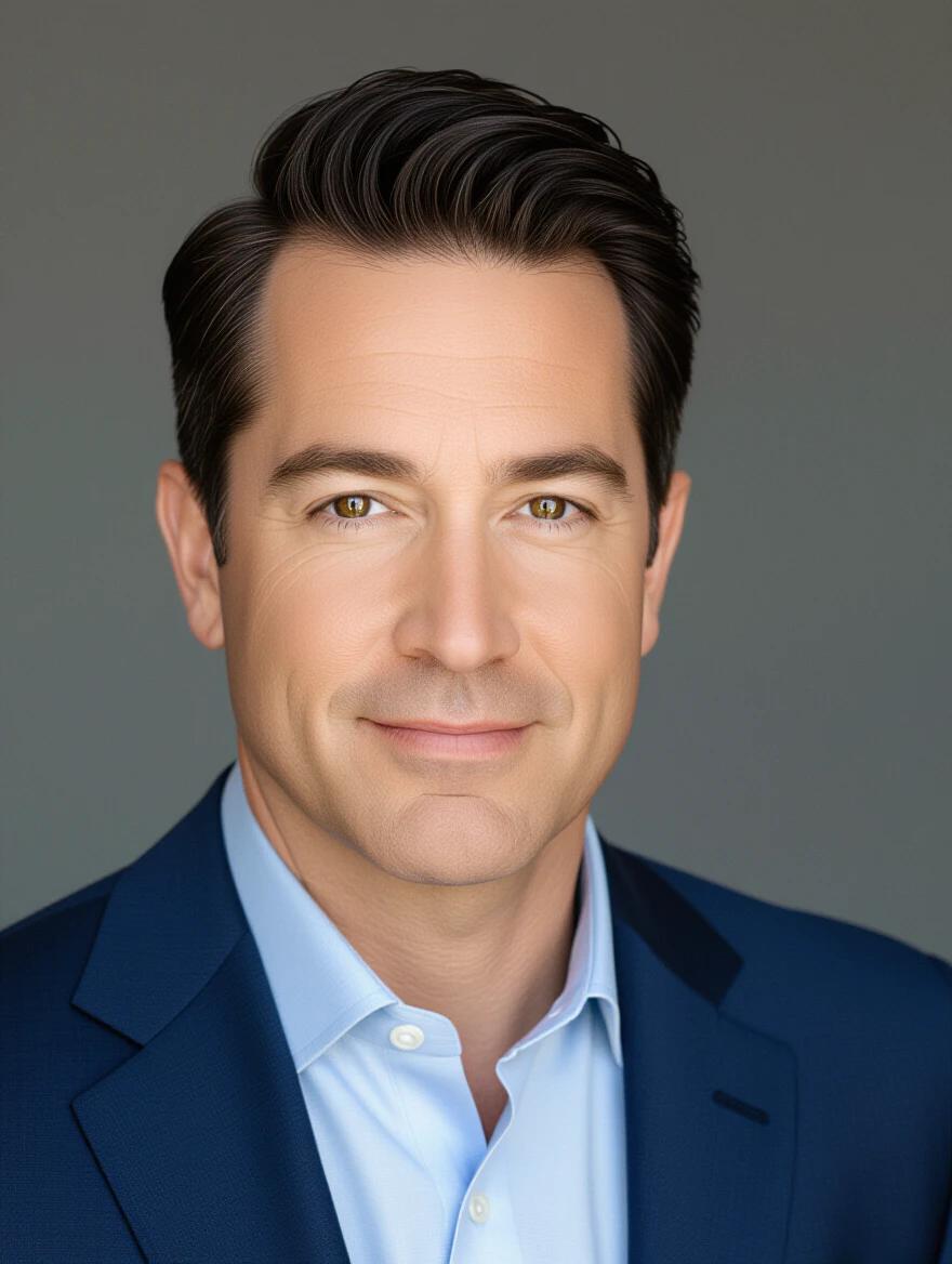 Low key photograph of a man wearing a blue suit. The focus is on the subject's attire and posture. Clean background complements the image's professionalism.