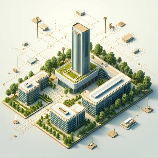 Elegant isometric illustration of a biotech campus in Malaysia. Features smart infrastructure with futuristic labs and green eco design. Includes a central building labeled Trial Center and satellite buildings labeled R&D, Regenerative Lab, and Clinical Wing. Style is flat vector with clean modern lines. Color theme consists of gold and white tones with soft grey and forest green accents. Wide layout with subtle labels visible.