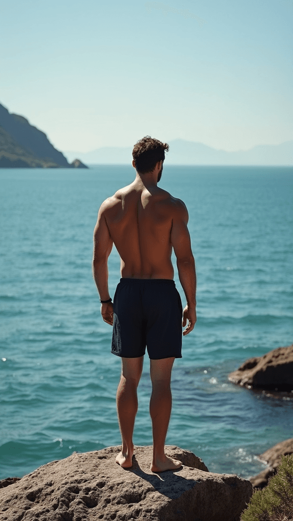 A shirtless man stands on a rock, gazing out at the calm sea.