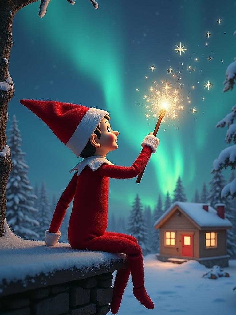 Elf on shelf sitting quietly. Elf holds a glowing wand. Northern lights illuminate the sky in vibrant colors. A cozy house is visible in the background. Snow blankets the ground. Scene captures magical essence of Christmas. Name 'Emma & Jan' appears as sparkles.