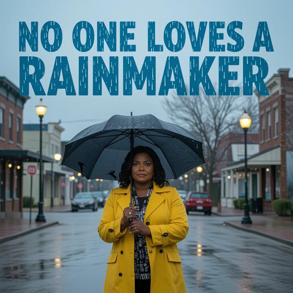 Movie poster for NO ONE LOVES A RAINMAKER. Title in stenciled blue raindrop pattern font. A woman stands in town with a bent umbrella. It is raining. Streets reflect light from streetlamps. The scene conveys melancholy with soft contrast in 5K quality.