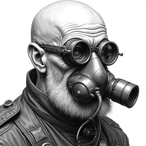 Hyper-detailed black and white line art portrait of an elderly bald man with grizzled beard and mustache. Prominent round steampunk goggles and dual-cartridge respirator mask. Intricate tubes connected. Multiple hoop piercings on left ear. High-collared rugged jacket with industrial details. Extreme detail in skin texture, wrinkles, and metal surfaces. Intense focused gaze. Clean background.