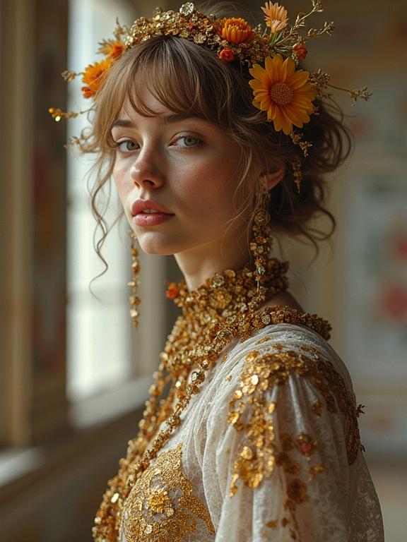 Woman with floral headdress wearing detailed attire. Natural light highlights features. Portrait style captures elegance and beauty.