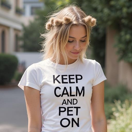 A woman poses outdoors wearing a white t-shirt. The t-shirt has large black text that reads 'Keep Calm and Pet On.' The scene conveys relaxation and a love for pets. The background features greenery and soft natural light.