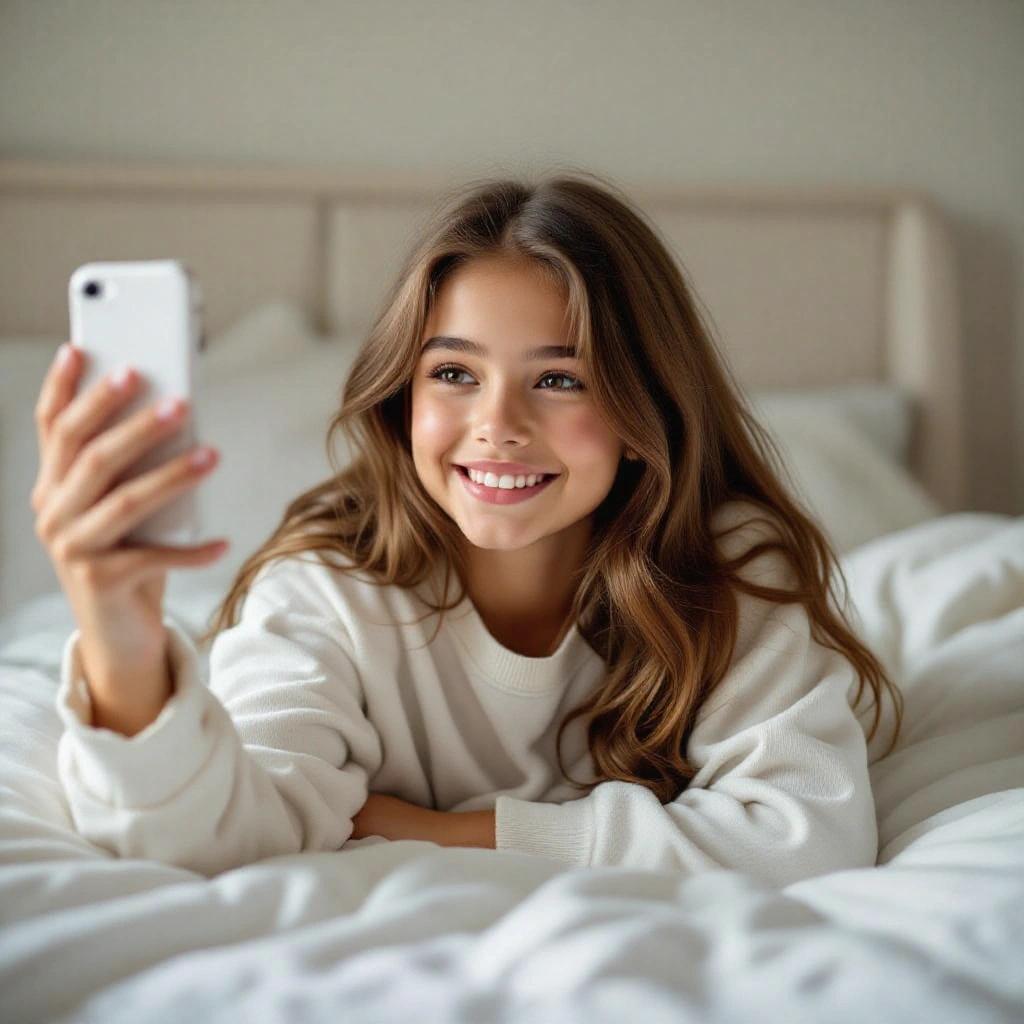 Young girl taking a selfie in night clothes while lying in bed. Natural light in the bedroom creates a warm atmosphere. She smiles happily at her phone.