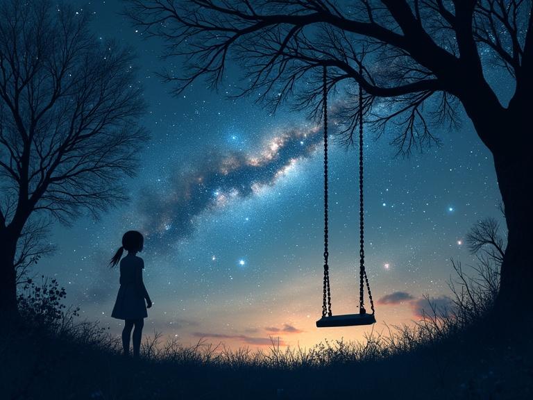 Artistic double exposure. Silhouette of a girl with a night sky filled with stars and a galaxy. Empty swing appears transparently. Soft dreamlike atmosphere. Minimalist background.