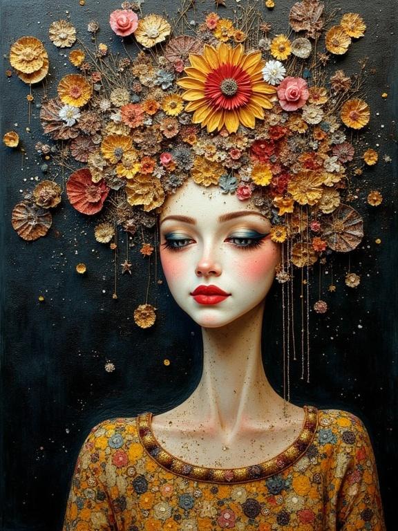 Klimt inspired 3D portrait of a woman with floral elements in hair. Textured mixed media with newspaper, jute fibers, wood, sand, and origami. Collage techniques used. Dark color palette with detailed layers. High resolution and depth.