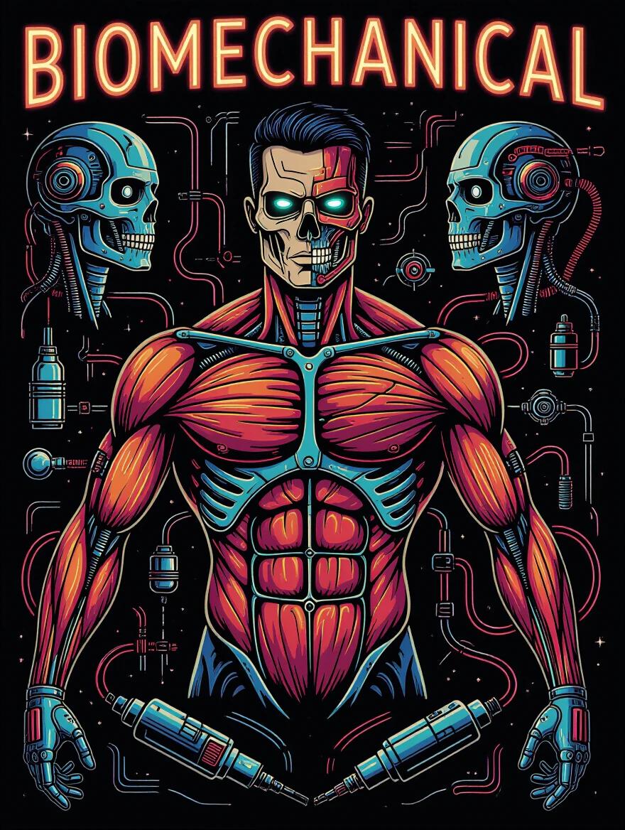 Detailed illustration showcasing biomechanical tattoo art featuring muscular structure integrated with robotic elements Intricate designs include glowing cables and neon tubes High-resolution full color on black background Sharp ink lines highlight futuristic organic fusion Graphic layout presents a clean concept with dramatic shading