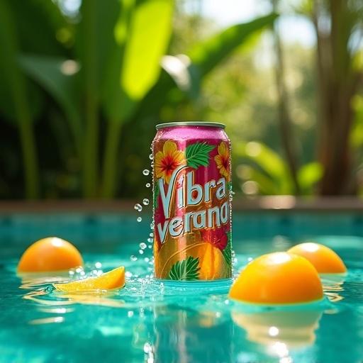 Photograph of a metallic can of 'Vibra de verano' in a turquoise pool. The can features a vibrant design with hibiscus flowers and palm leaves. Water droplets cling to its surface. Ripe mangoes float around the can. Soft sunlight filters through green leaves.