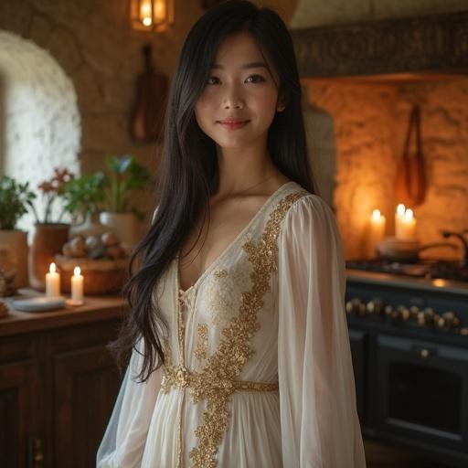A Japanese woman stands in a rustic stone kitchen. She wears a sheer gown with gold embroidery. The kitchen is filled with herbs and candles. Soft lighting enhances the scene. Her expression is gentle and gracious. A slight hip tilt adds elegance. The gown drapes softly. Warm tones create a cozy atmosphere.