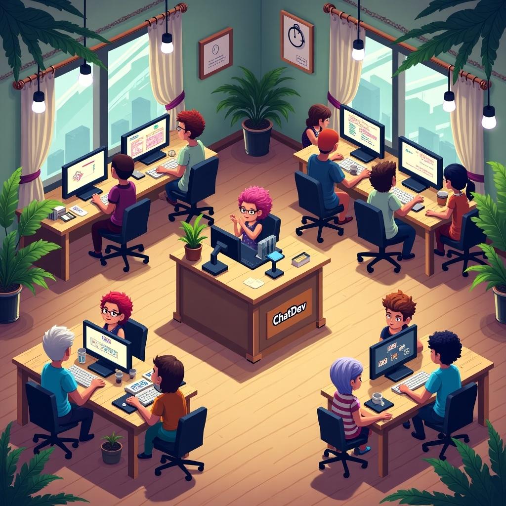 This pixel art scene depicts a vibrant and lively workspace centered around a reception desk labeled 'ChatDev.' Characters are engaged in brainstorming and coding on their computers, depicting a collaborative atmosphere. Lightbulbs are illustrated above some heads to signify creative ideas, while others focus intently on their screens. The cozy environment features wooden floors, potted plants, and wall art, complemented by a clock and curtains. Each character showcases unique hairstyles and outfits, highlighting diversity within creativity. The artistic style employs a classic 8-bit NES color palette, filled with intricate details and vibrant colors.