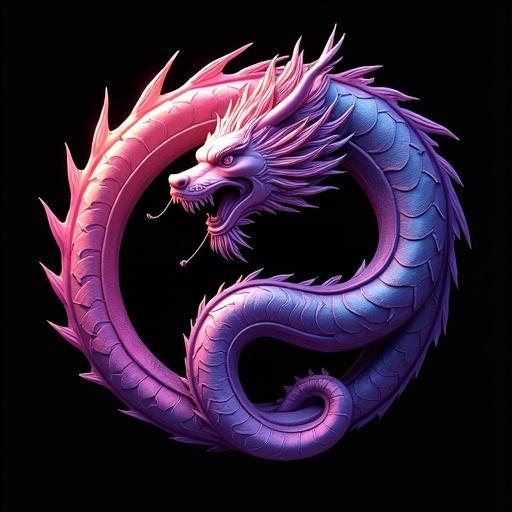 Highly detailed Eastern dragon in 3D realistic and vector style. Viewed from above, coiled in a perfect spiral. Tail forms a vortex leading to the center. Traditional structure with majestic head, whiskers, elongated body. Color palette: deep purple, bright violet, radiant gold with light touches. Black background for contrast. Minimalist design. High resolution logo dimensions 500 x 500.