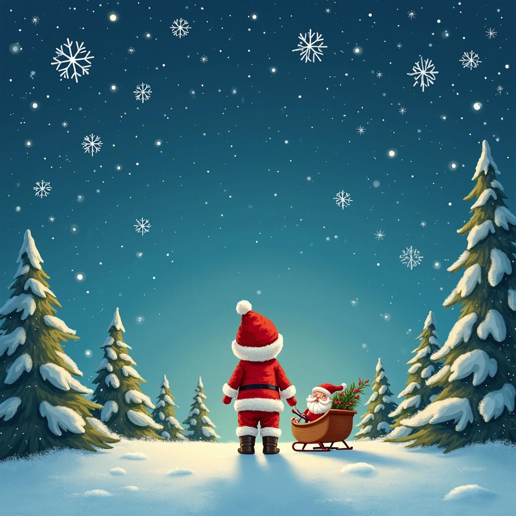 In the midst of a snowy landscape, a cheerful Santa Claus stands with his back to the viewer. He gazes up at the night sky filled with twinkling stars and snowflakes. Beside him is a small sled containing a whimsical figure who appears to be another Santa. Tall green trees dusted with snow line the backdrop. The atmosphere is celebratory and magical, capturing the essence of Christmas. This image embodies the joy and wonder of the holiday season, evoking a sense of childhood nostalgia and happiness.