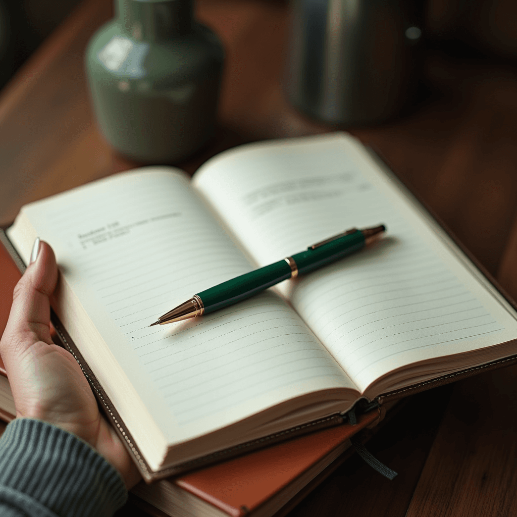 A person holds an open, lined notebook with a green and gold pen resting on its pages, set on a wooden surface with a blurred warm background.