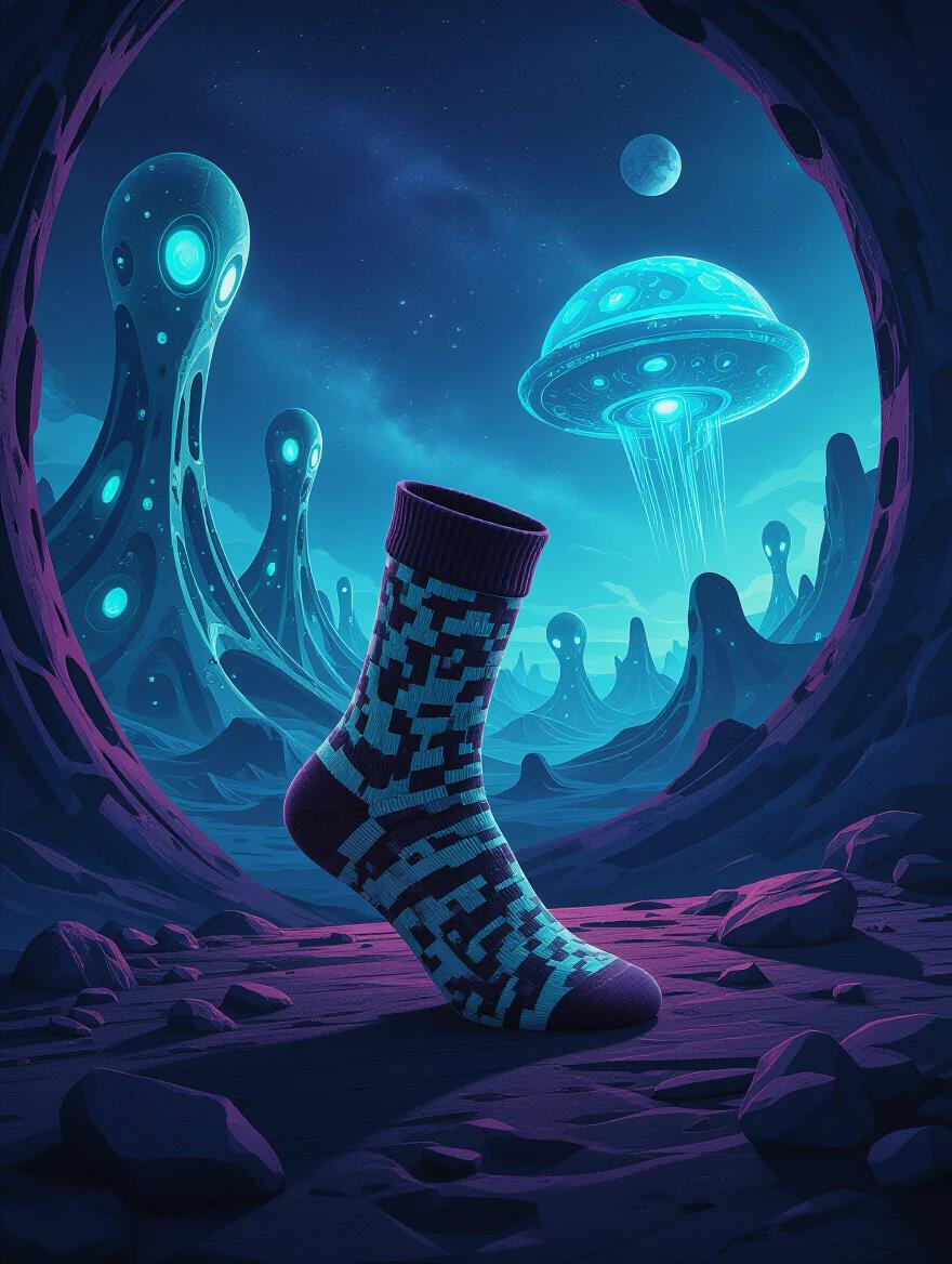 Dramatic scene shows a single colorful sock on an alien landscape. Bioluminescent textures surround the sock with surreal cosmic elements. Mysterious structures and futuristic organic shapes create an unearthly atmosphere.