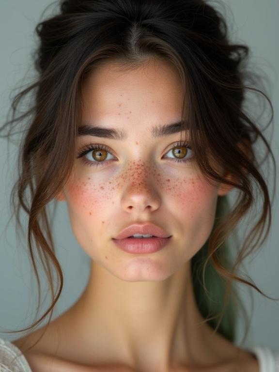 Photorealistic close-up portrait of a young woman with dense freckles. She has large hazel eyes, dark eyebrows, full lips, and shoulder-length dark brown hair with ashy-green dip-dye. The expression is neutral and the gaze is direct. Soft studio lighting on a light gray background.