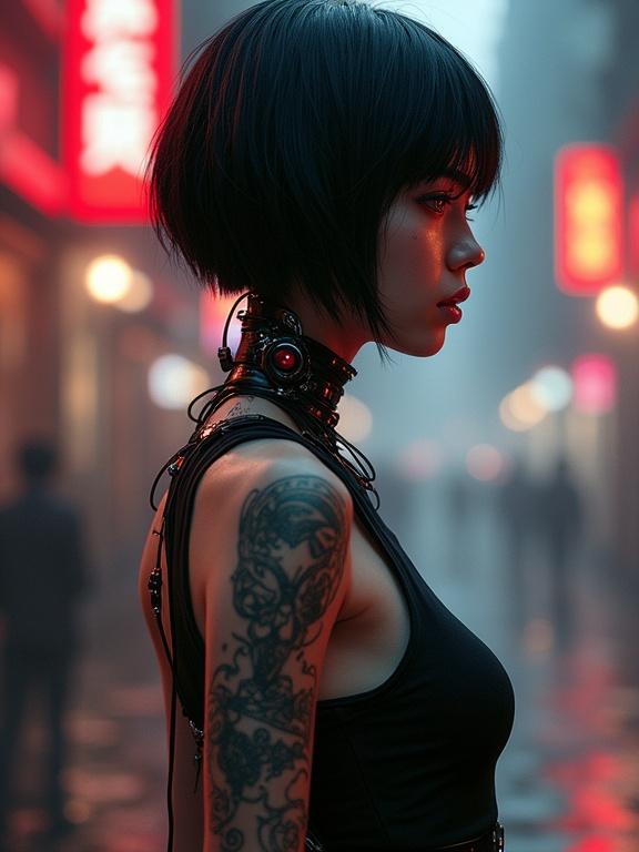 Cyberpunk atmosphere with a full body portrait of an android girl. Side view shows cybernetic implants, biomechanical features, and tattoos. Dressed in casual black wear. Digital art with intricate details and cinematic lighting.