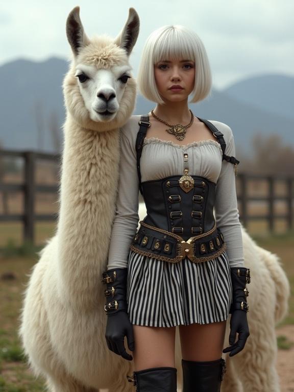 Young woman stands in front of a llama. Woman has white hair styled in a bob. She wears a steampunk-inspired outfit with black and white stripes. Outfit includes a corset-style belt with gold buckles. Llama stands next to her looking serious. Background shows an outdoor setting with a fence and mountains.