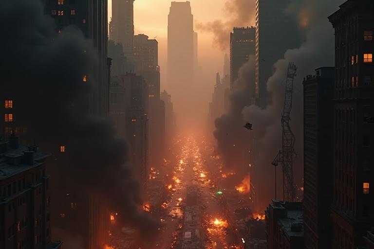 Ultra-realistic cinematic view of devastated city at night. View filled with smoke, fire, and destruction. Drone gliding mid-air between ruined skyscrapers and broken bridges. New York in chaos with flames from windows and downed power lines. Abandoned vehicles and flickering lights visible. Distant sirens and gunfire create tension. Flying embers and dust lend heat to scene. Alien spacecraft debris in the distance. Smooth camera movement through alleyways and wreckage.
