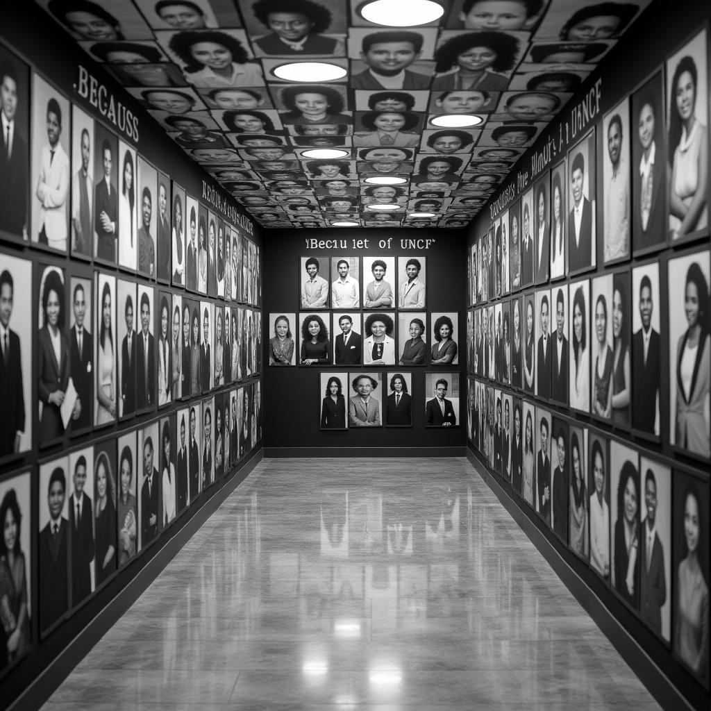 The image presents a striking hallway with draped black and white walls, lined with floor-to-ceiling portraits of African American graduates. Each photograph features the caption 'Because of UNCF,' highlighting the impact of the United Negro College Fund. The entire scene is captured in black and white, creating a powerful and cohesive visual narrative. The hallway reflects a celebration of achievement and educational success. The portraits are arranged systematically, creating a sense of pride and unity among the graduates.