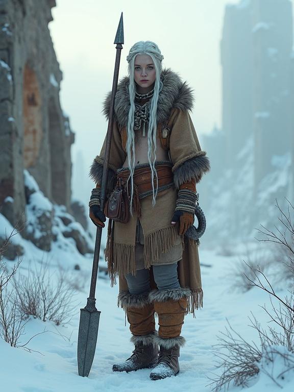 Photorealistic full-body portrait of a tall huntress. She is in snow-covered ruins of an ancient city. Lean and muscular physique from hunting. Pale, wind-burned skin with freckles and scars. Cold stare and focus. Hair braided with bone and bark. Fur-lined hood pushed back. Winter gear of layered animal hides and salvaged cloth. Large spear with stone head. A pouch on her hip. She stands among overgrown ruins, with snowflakes drifting softly around her.