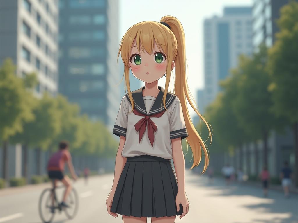 Photorealistic depiction of a cute teenaged girl with a long blonde ponytail and big green eyes. She has smooth pale skin and a cute smile. The girl is wearing a short-sleeved school uniform with an extremely short skirt. She stands shyly in a modern city, blushing, with a full view of her body. The scene is zoomed out, showcasing her environment in wide detail.