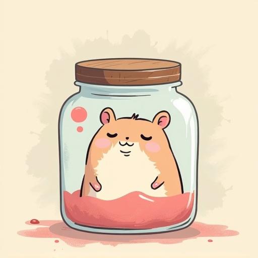 A minimalistic cartoon hamster appears inside a glass jar. The hamster looks sleepy with a snot bubble. The background features paint splatter in muted pastel colors. Thin gapped lines accentuate the design. Highly stylized and artistic.