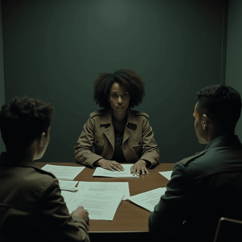 Three people sit at a table with papers, having a serious discussion.