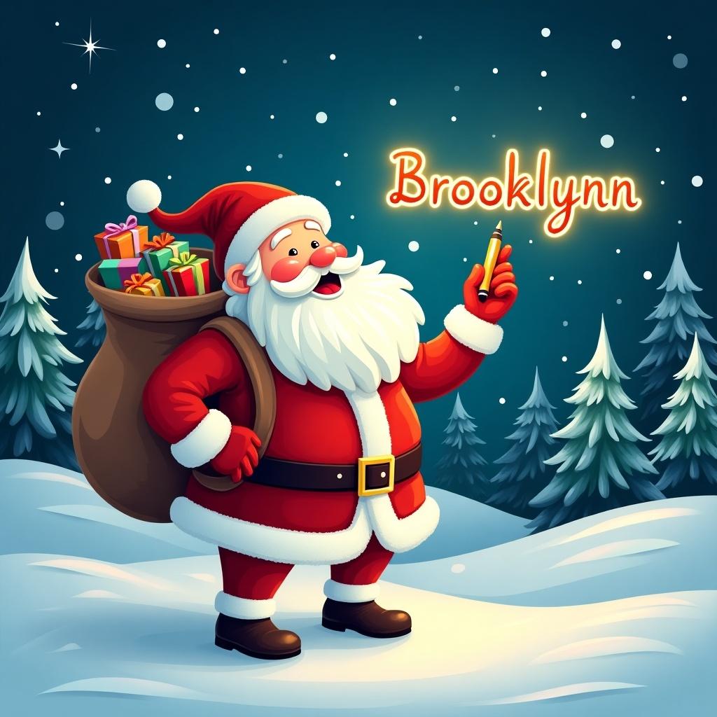 Santa Claus joyfully writes the name Brooklynn using a glowing pen. Snowy landscape with fir trees in the background. Traditional red and white Santa outfit. Big sack of gifts. Twinkling stars in the night sky.