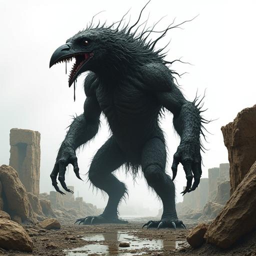 Dark fantasy creature with massive upper body covered in matted fur and broken feathers. Crow's head with cracked beak and hollow eyes. Enormous muscular arms with bear claws. Lower body resembles giant spider with long, jagged limbs. Grotesque mouth from abdomen drooling. Stands on ancient ruins with crumbled stone blocks and shattered pillars against a white background.