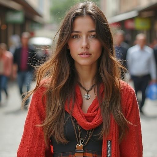 Portrait of a woman with long hair in a red sweater. She stands in a lively urban street. A soft daylight shines on her face. The image captures a confident and stylish persona.