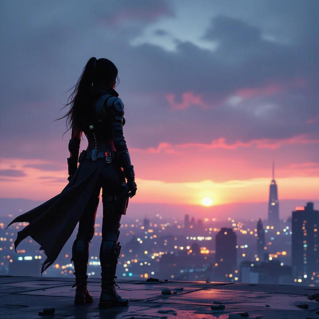 Bounty hunter stands on a rooftop overlooking a futuristic urban landscape. Dark sky with hints of sunset. Vibrant city lights below.