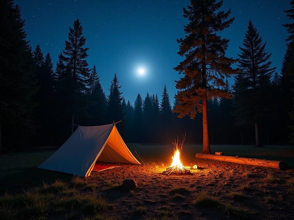 A cozy camping scene at night. The image features a campfire glowing in a small clearing surrounded by tall trees. A bushcraft tarp shelter is illuminated from within, creating a warm inviting atmosphere. The full moon shines brightly above, and the sky is completely filled with twinkling stars. A long, thick log lies close to the campfire, adding to the rustic feel of the campsite. This serene moment captures the beauty of nature and the tranquility of a night spent outdoors.