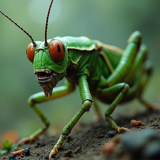 A final stage human grasshopper zombie with vivid color, detailed texture, and expressive features. Close-up view showcasing its grotesque yet fascinating appearance.
