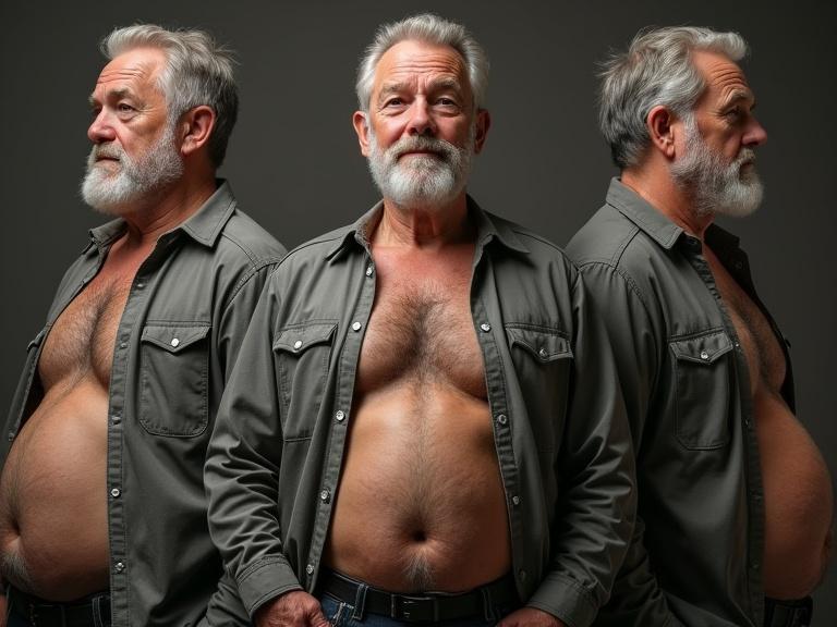 A triptych image displaying a portly elderly man from multiple angles. Man has dense chest hair and stubble. The image captures the full body of the subject with a focus on facial expressions and features.