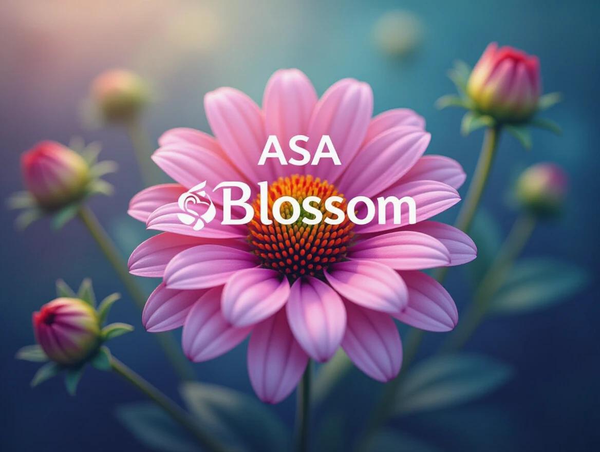 A playful logo design featuring a daisy flower prominently displayed. The flower has vivid pink petals and a striking center. Additional buds surround the main flower in soft colors. The text ASA BLOSSOM is artistically incorporated. The atmosphere is magical and surreal, with colorful hues enhancing a dreamlike quality.