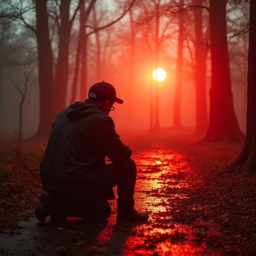 A collector kneeling in a misty forest path with a glowing sunset behind. The scene is illuminated in shades of red reflecting on the wet ground. Soft fog adds depth and emotion. The setting evokes a sense of grief and reflection among tall trees.