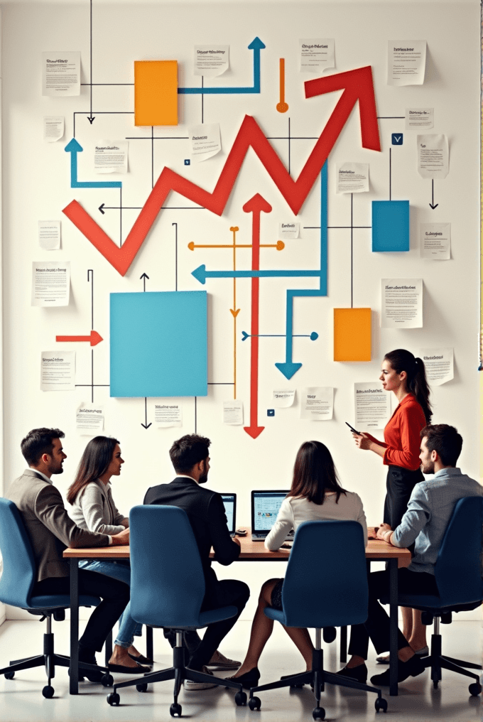 A business meeting with professionals brainstorming in front of a large wall adorned with colorful charts and diagrams.