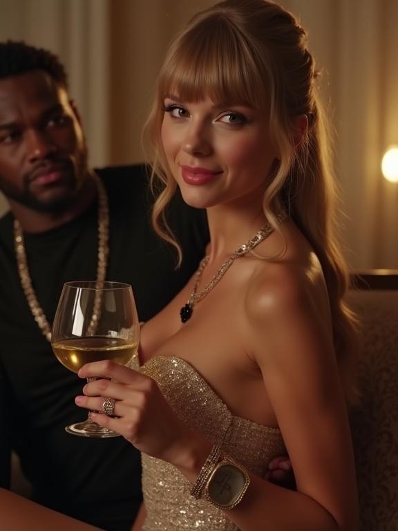 A beautiful woman is sitting on a couch at an awards show. She is wearing a sparkly dress and holding a glass of wine. She smiles at the viewer. A man sits beside her. Soft lighting creates an intimate atmosphere. The focus is on her glamor and elegance.