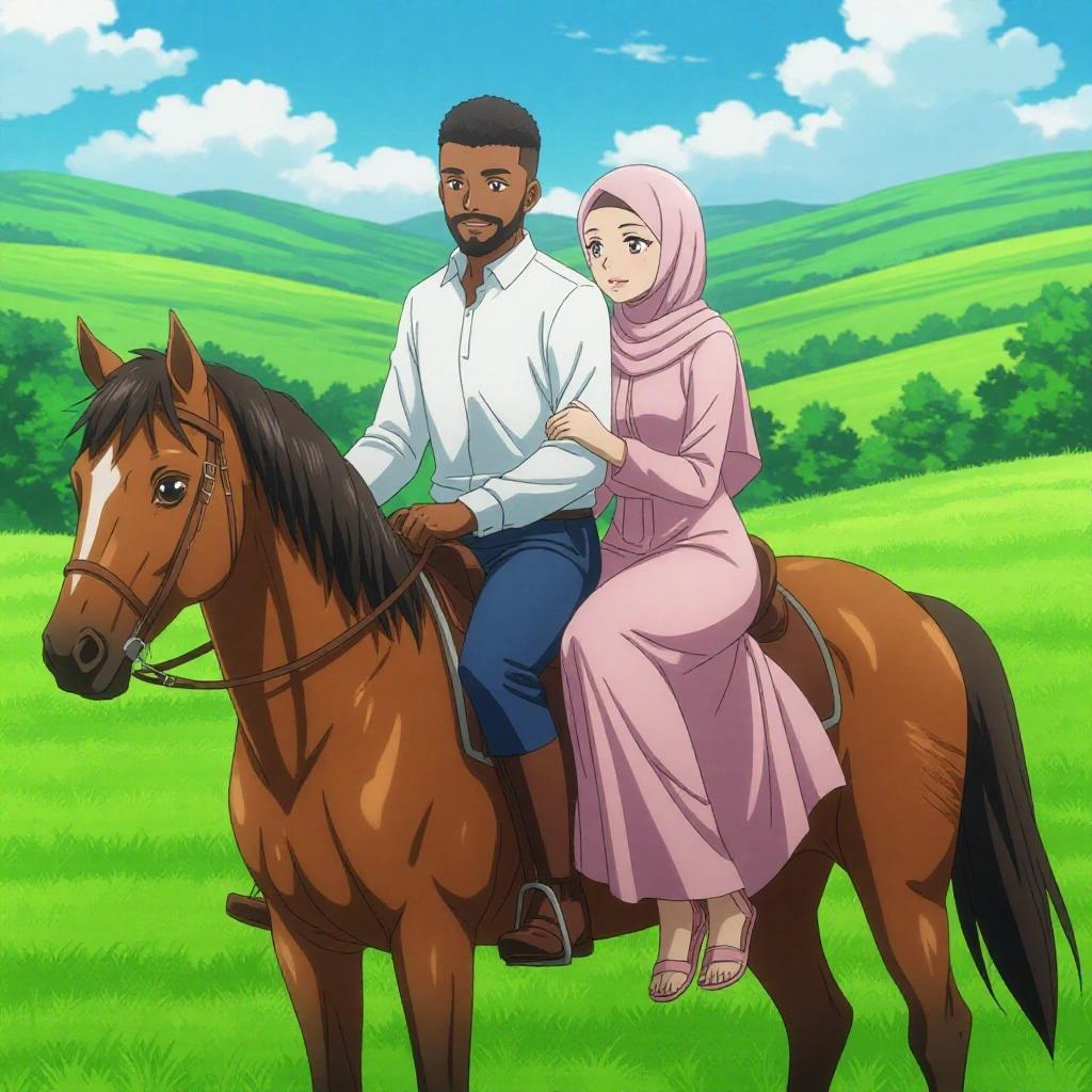Anime-style illustration of a man and woman on a horse in a lush green landscape. The man has a trimmed beard and short black hair wearing a white shirt and navy blue pants. The woman is in a flowing soft pink dress and light pink hijab, resting calmly against him. Both face forward riding together.