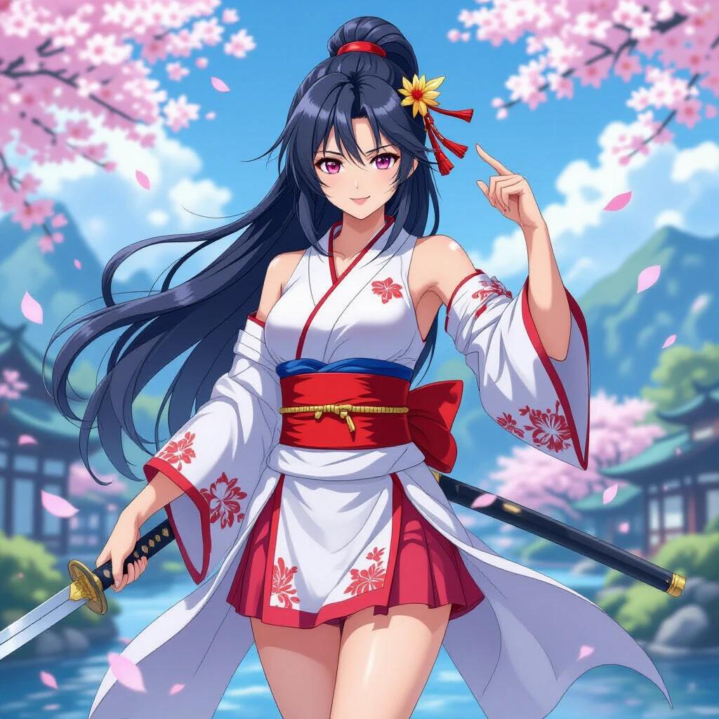 Character in a traditional Japanese outfit holding a sword near cherry blossom trees with a serene background.