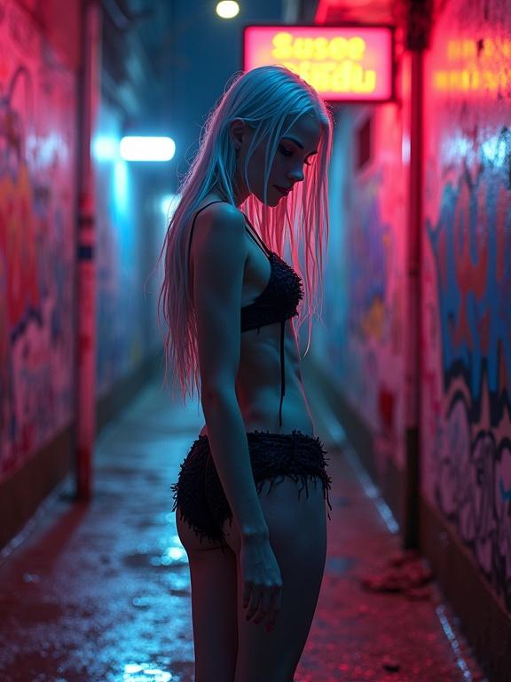 Flirty albino woman in graffiti alley. Wet hair. Neon lights reflecting on skin. Night scene with cinematic lighting.