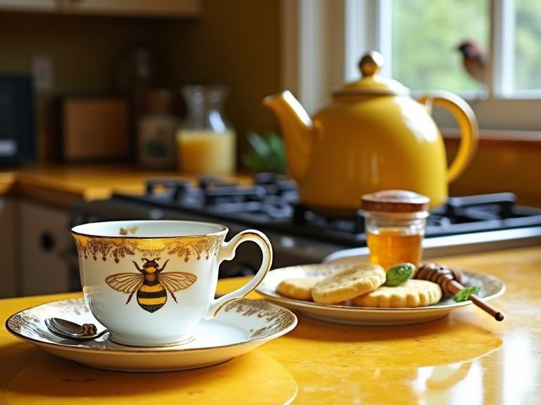 Cozy rustic kitchen scene with golden yellow onyx countertops. Yellow tea kettle on the stove. Vintage bone china tea cup with bumble bee design on the counter. Iced lemon cookies and honey pot nearby. Warm natural lighting. Bird in feeder visible outside the window.